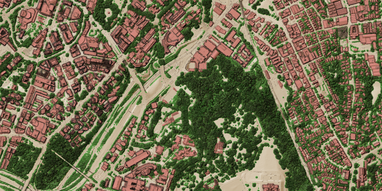 Example of classified point cloud data in QGIS. Data: OpenTopography