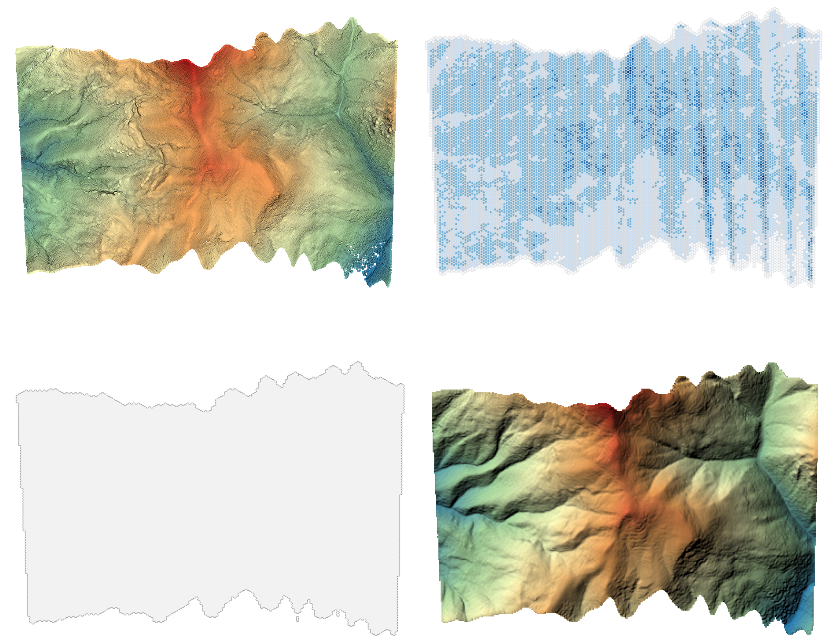 Source point cloud data (top-left), point cloud density (top-right), extracted boundary polygon (bottom-left), exported raster DEM (bottom-right)