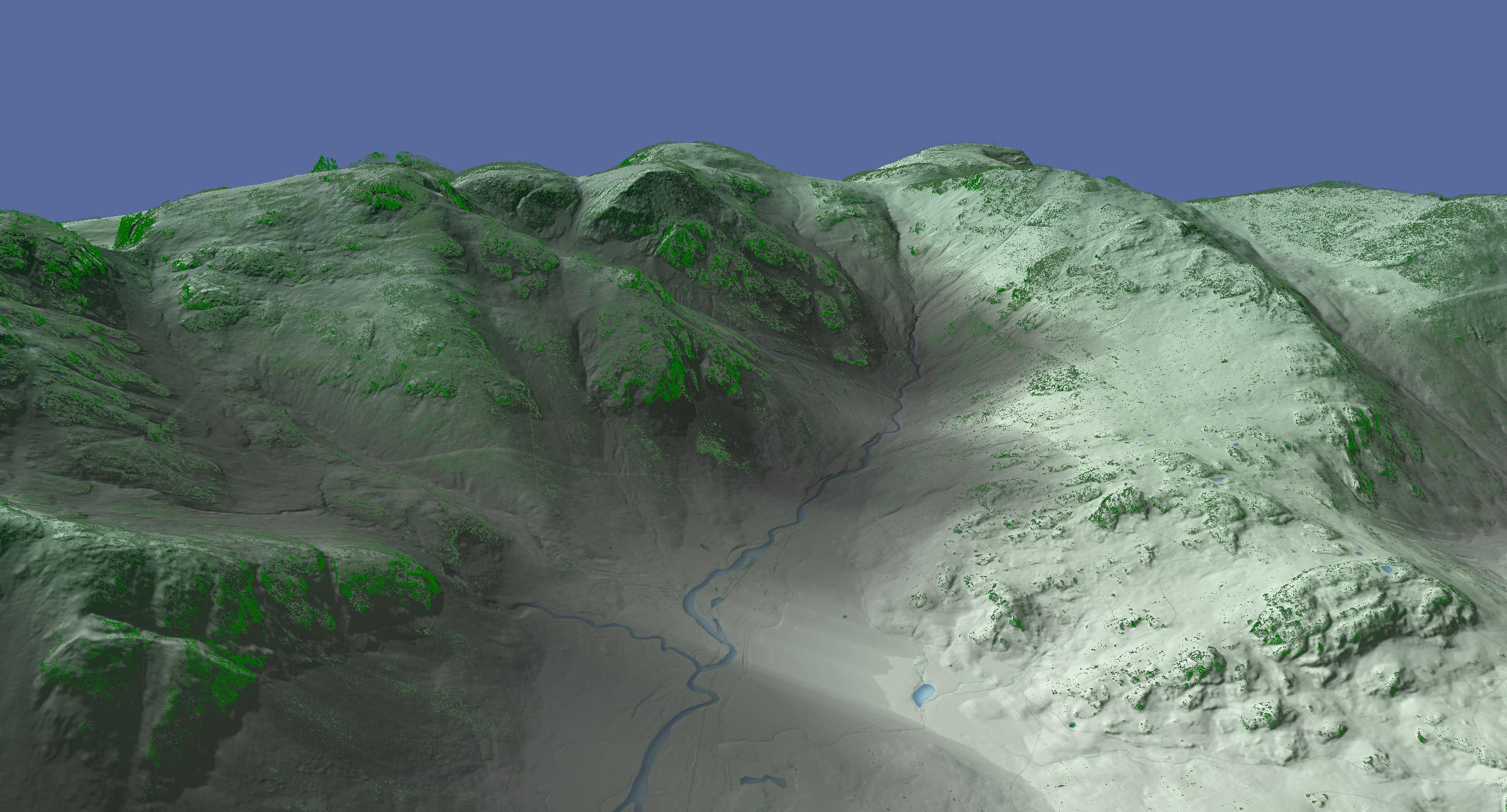 Raster shadow, point clouds and 3d enhancement. Data: Defra and OS