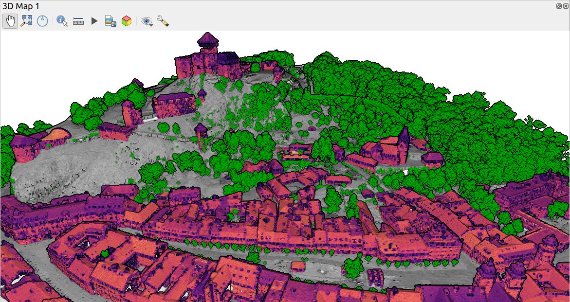 Visualization of a classified point cloud with different color ramps applied to buildings and ground. Data UGKK SR.