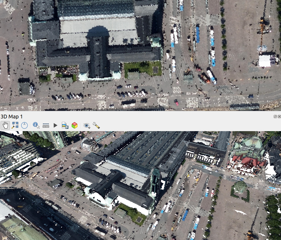 Colorized point cloud in 2D and 3D view. Data City of Helsinki.