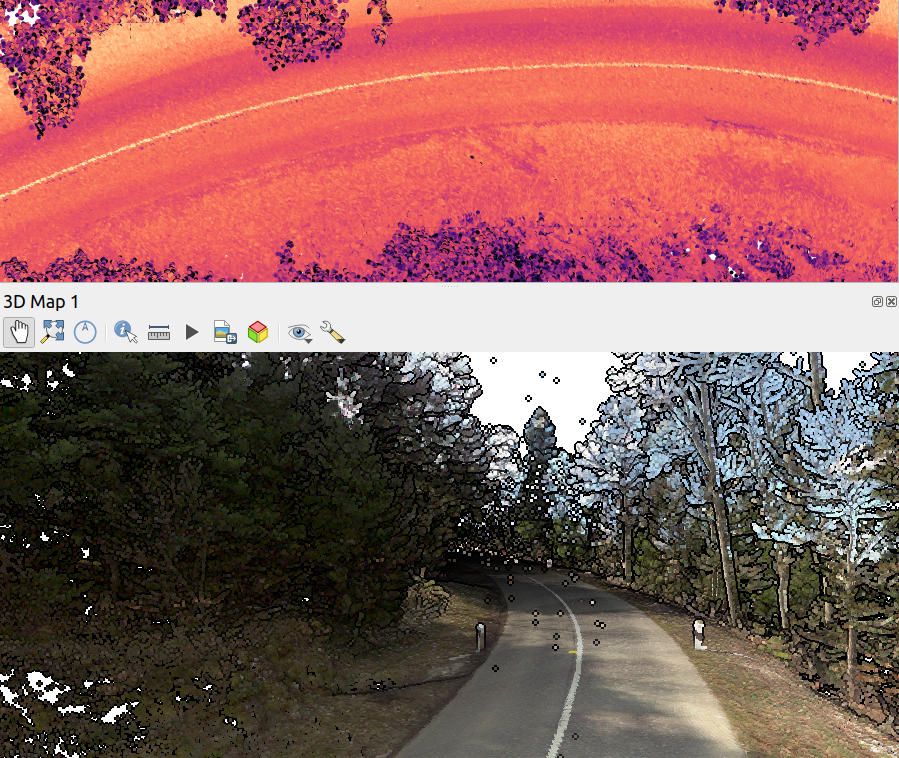 Mobile lidar survey. Top: 2D map based on intensity attribute. Bottom: 3D map using colors. Data Canton of Neuchatel.