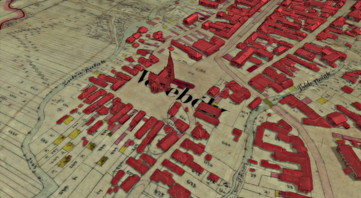 Buildings extracted from lidar, overlaid on top of a cadastral map from 1890. Made by Tibor Lieskovsky, data UGKK SR.
